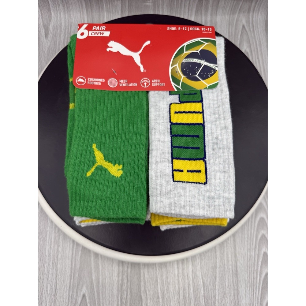 PUMA TEAM Brazil Competition Cushioned Crew Socks 6 Pair Shoe Size 8-12 NEW 2026